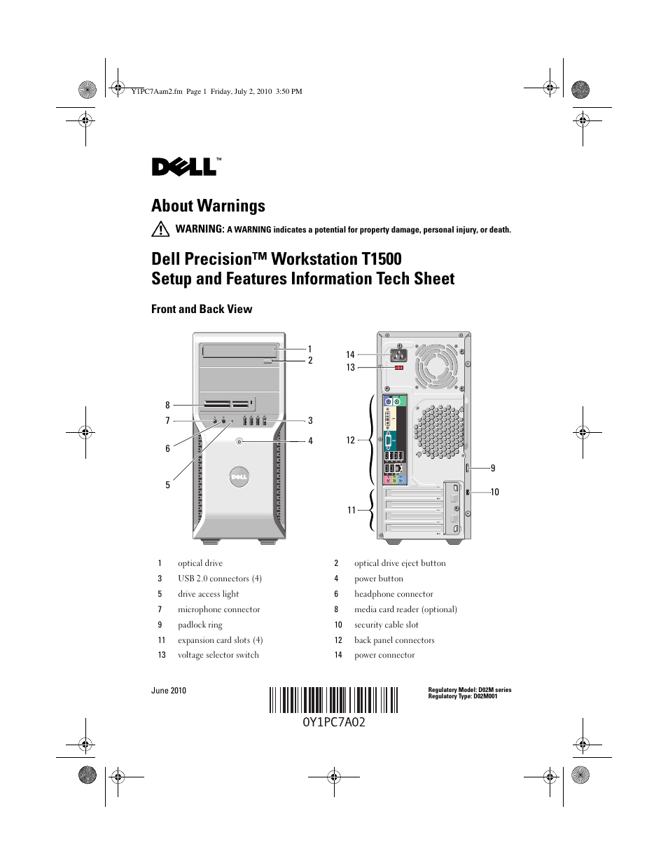 Dell Precision T1500 (Late 2009) User Manual | 8 pages