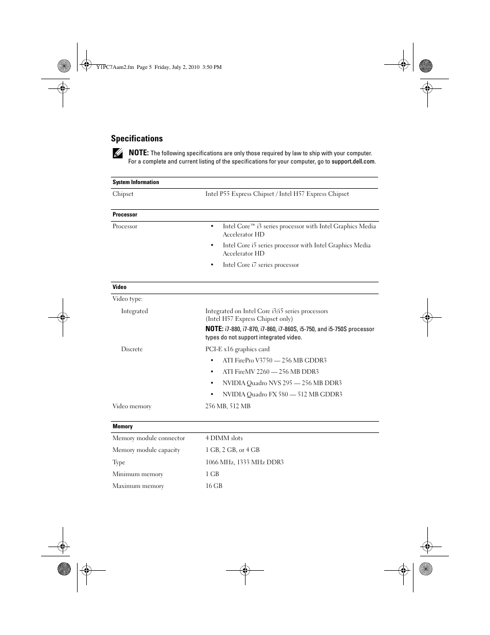 Specifications | Dell Precision T1500 (Late 2009) User Manual | Page 5 / 8
