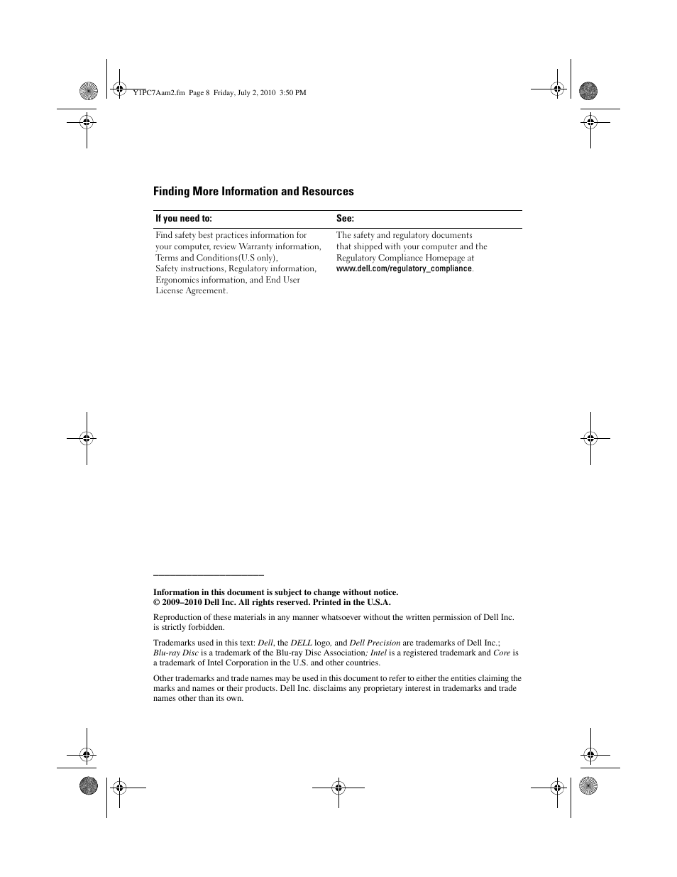 Finding more information and resources | Dell Precision T1500 (Late 2009) User Manual | Page 8 / 8