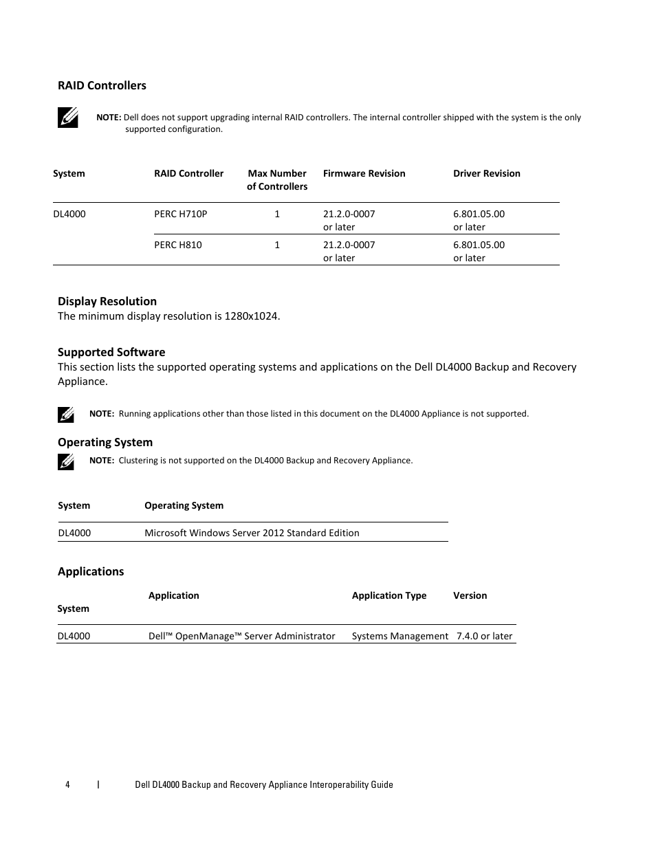 Raid controllers, Display resolution, Supported software | Operating system, Applications | Dell DL4000 User Manual | Page 4 / 5