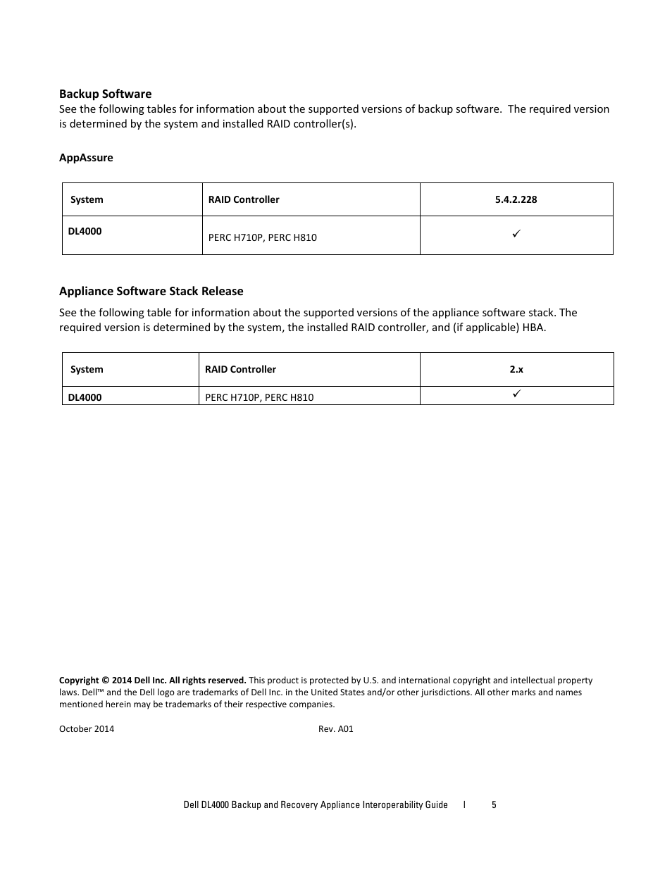 Backup software, Appassure, Appliance software stack release | Dell DL4000 User Manual | Page 5 / 5
