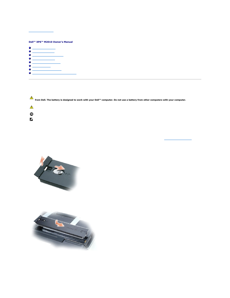 Using a battery, Replacing the battery, Inserting the battery | Dell XPS M2010 (MXP061, Mid 2006) User Manual | Page 11 / 116