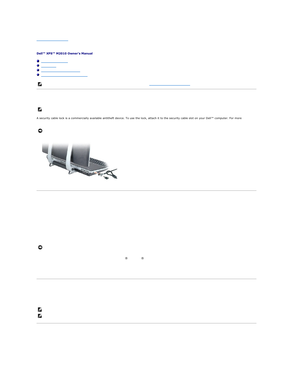 Securing your computer, Security cable lock, Passwords | Computer tracking software, If your computer is lost or stolen | Dell XPS M2010 (MXP061, Mid 2006) User Manual | Page 74 / 116