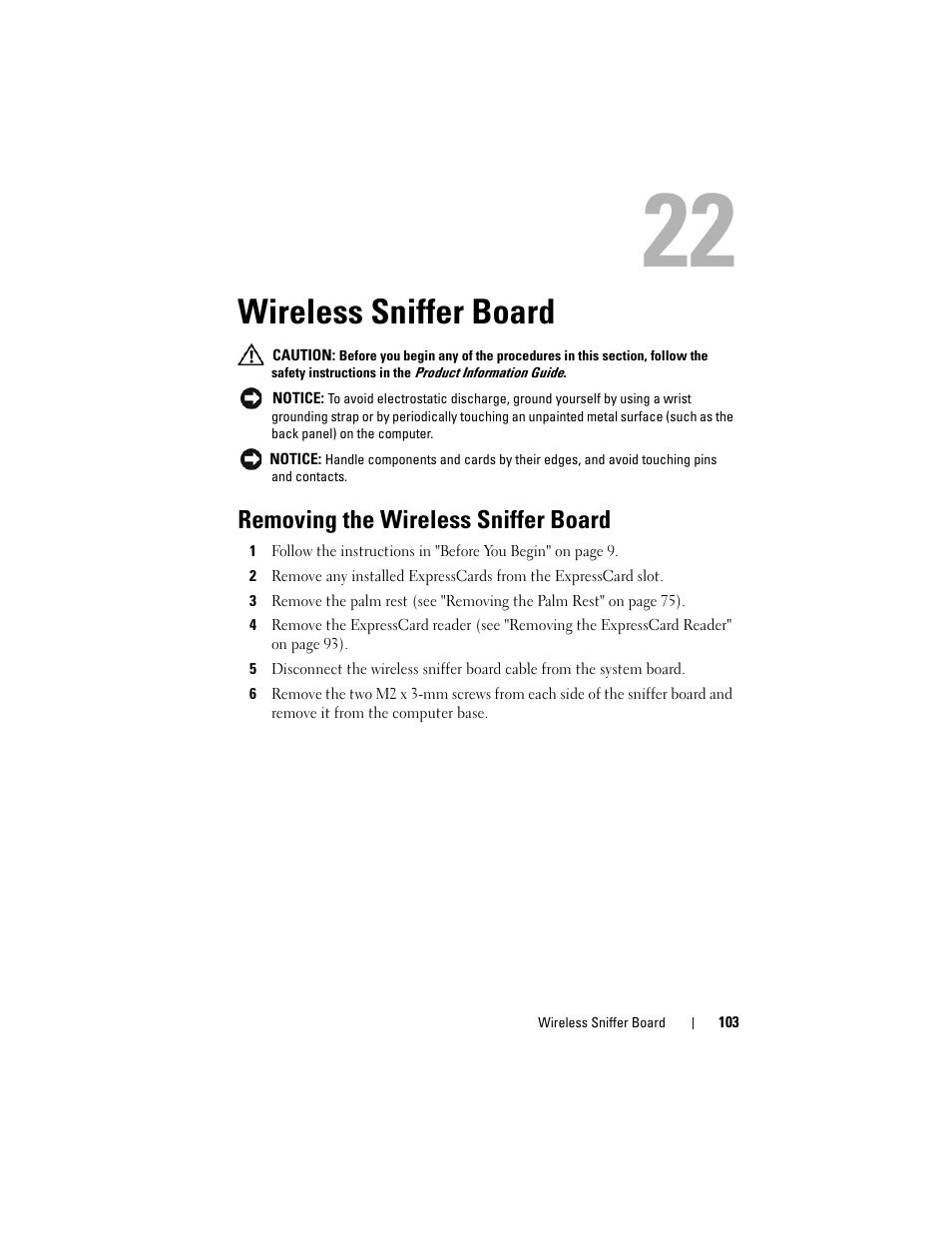 Wireless sniffer board, Removing the wireless sniffer board, Removing the wireless sniffer | Dell XPS M1530 (M1530, Late 2007) User Manual | Page 103 / 118