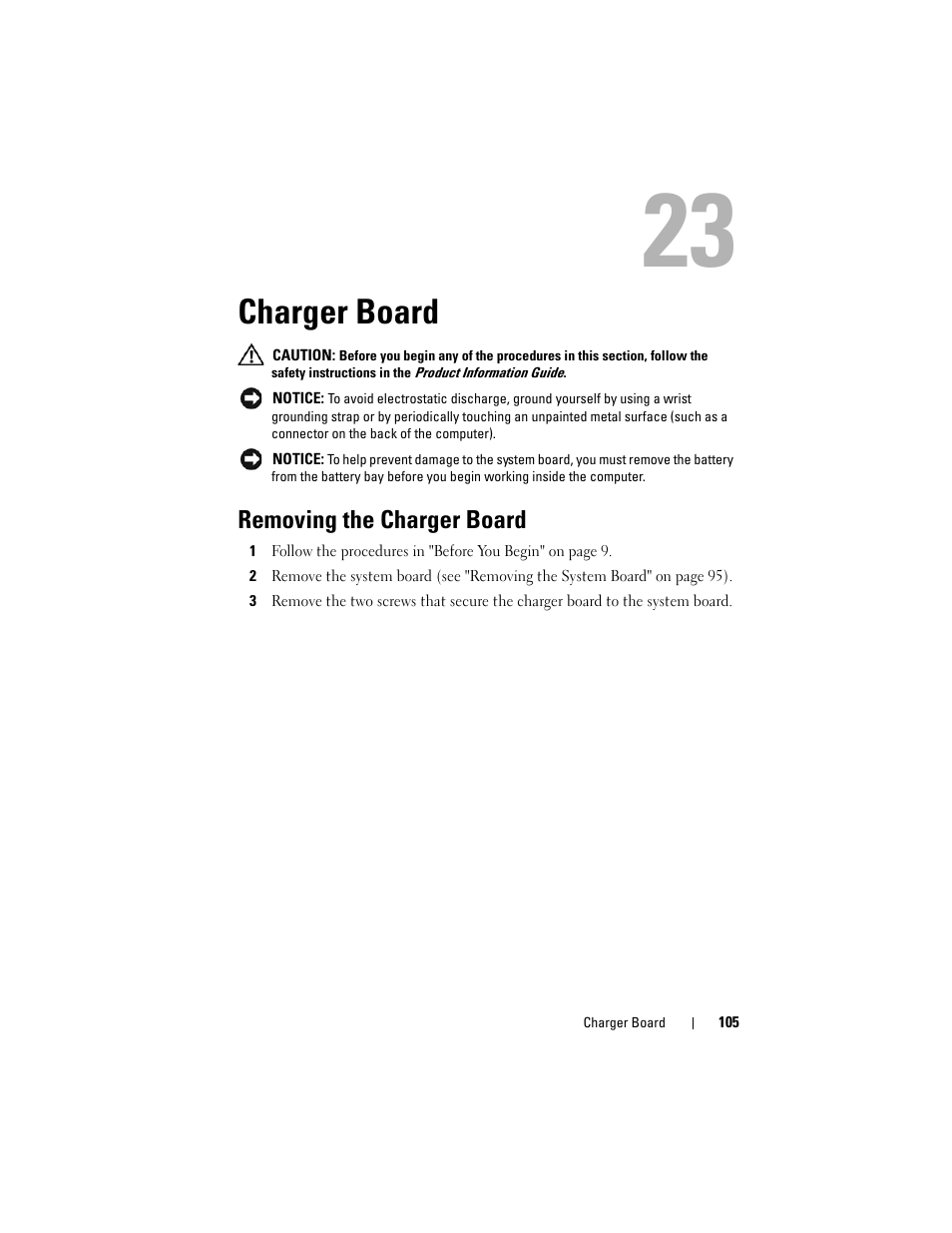 Charger board, Removing the charger board | Dell XPS M1530 (M1530, Late 2007) User Manual | Page 105 / 118