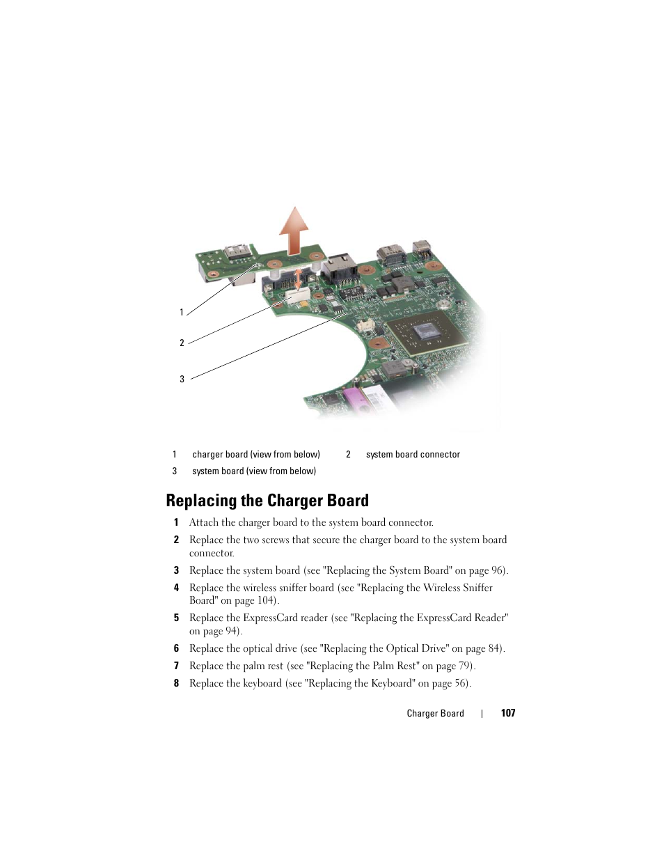 Replacing the charger board | Dell XPS M1530 (M1530, Late 2007) User Manual | Page 107 / 118