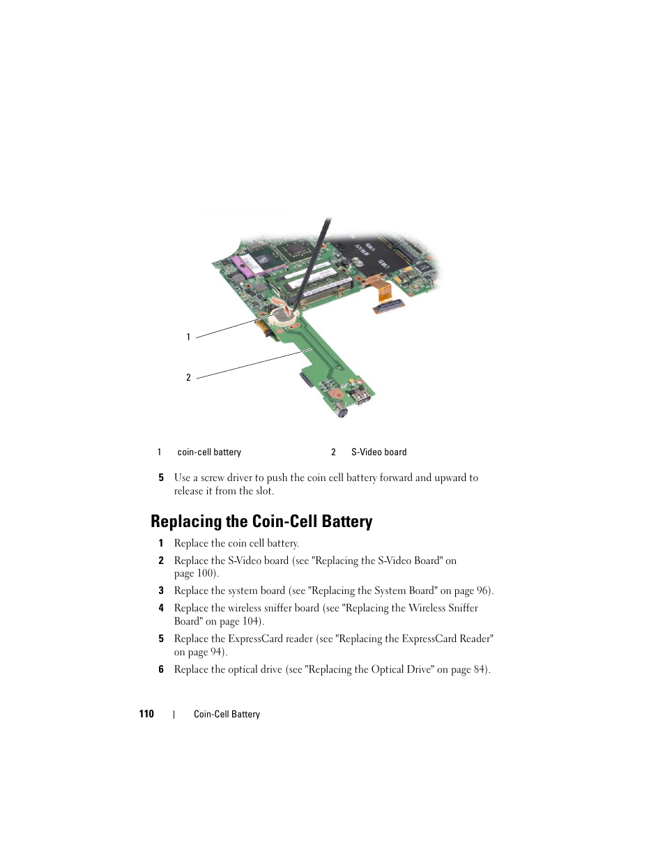 Replacing the coin-cell battery | Dell XPS M1530 (M1530, Late 2007) User Manual | Page 110 / 118