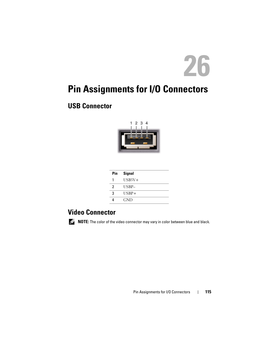Pin assignments for i/o connectors, Usb connector, Video connector | Dell XPS M1530 (M1530, Late 2007) User Manual | Page 115 / 118