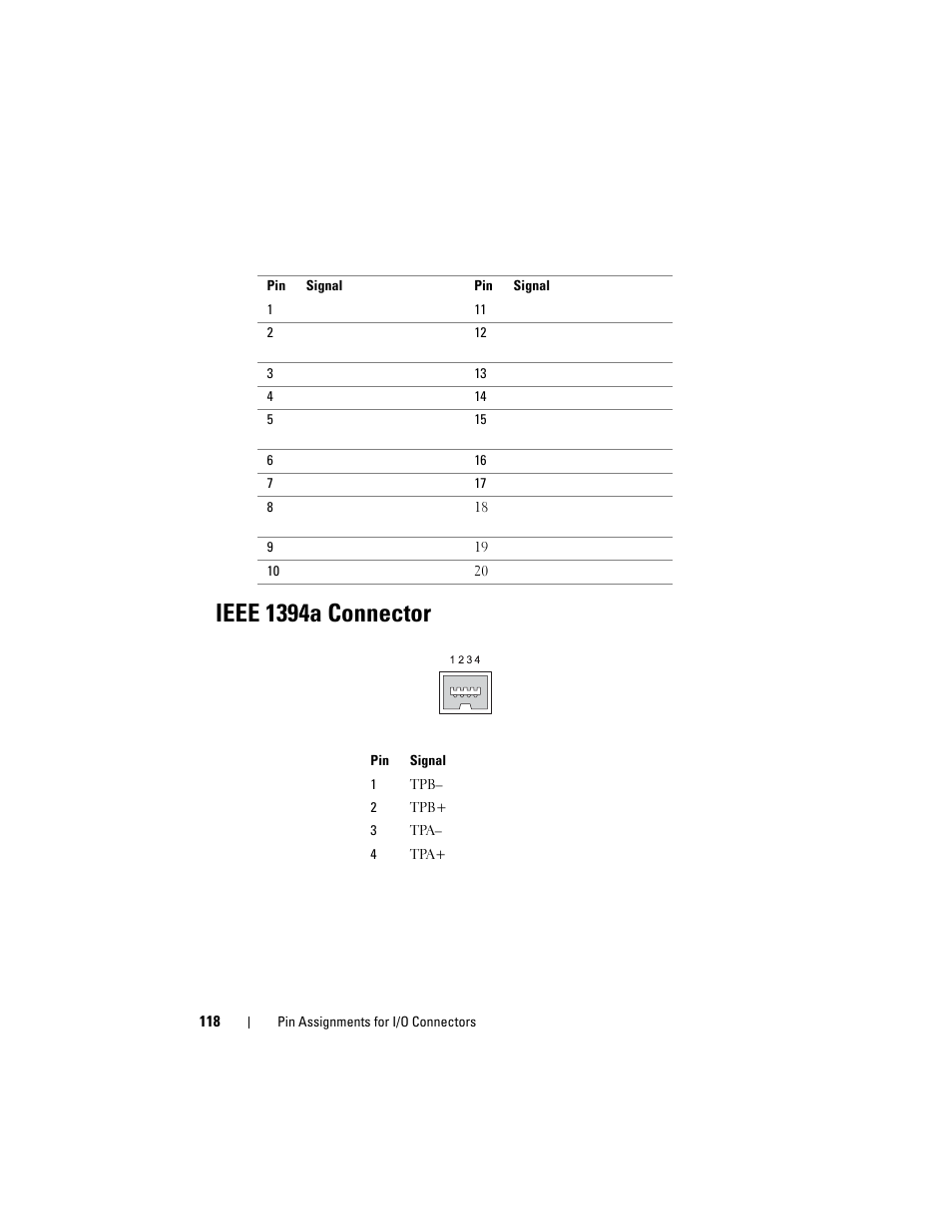 Ieee 1394a connector | Dell XPS M1530 (M1530, Late 2007) User Manual | Page 118 / 118
