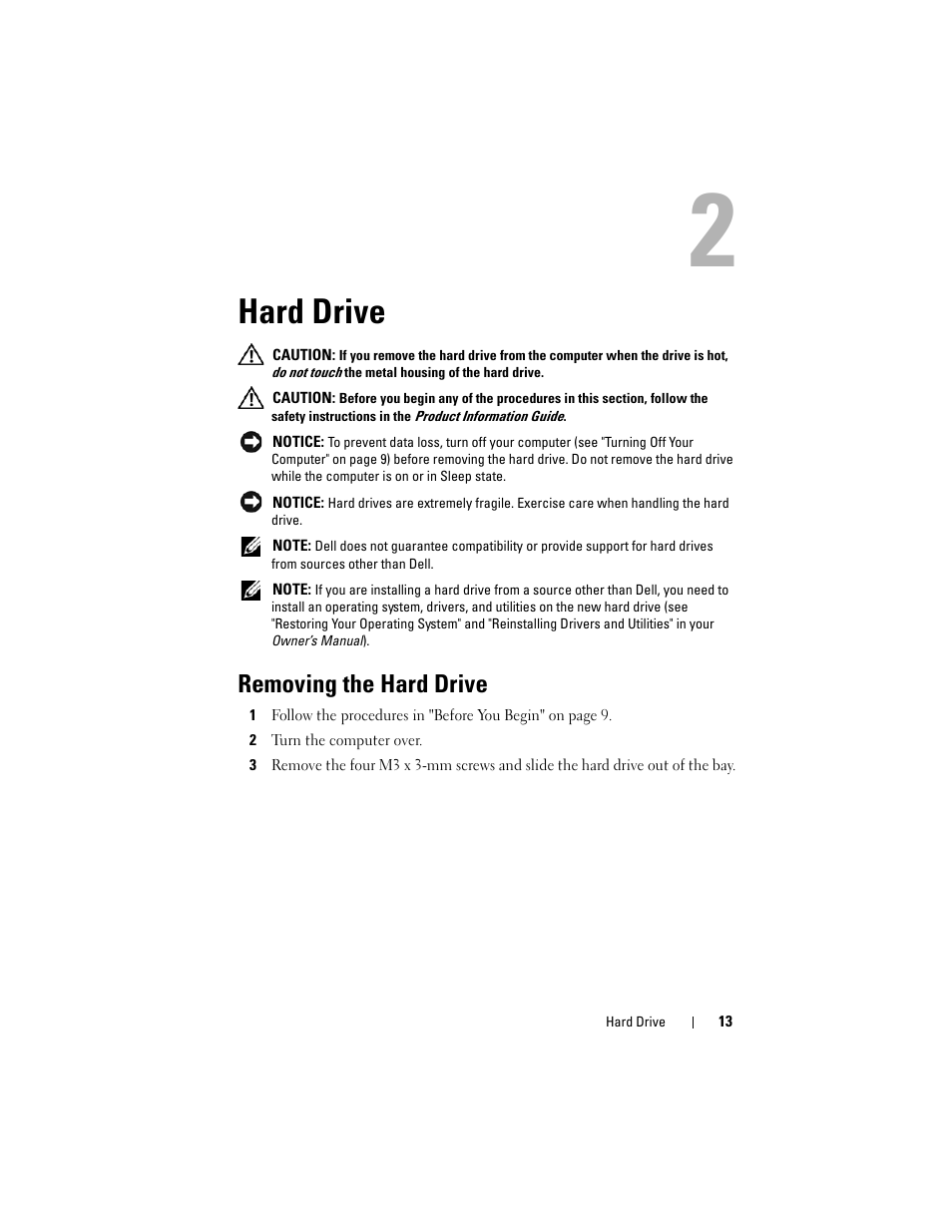 Hard drive, Removing the hard drive | Dell XPS M1530 (M1530, Late 2007) User Manual | Page 13 / 118