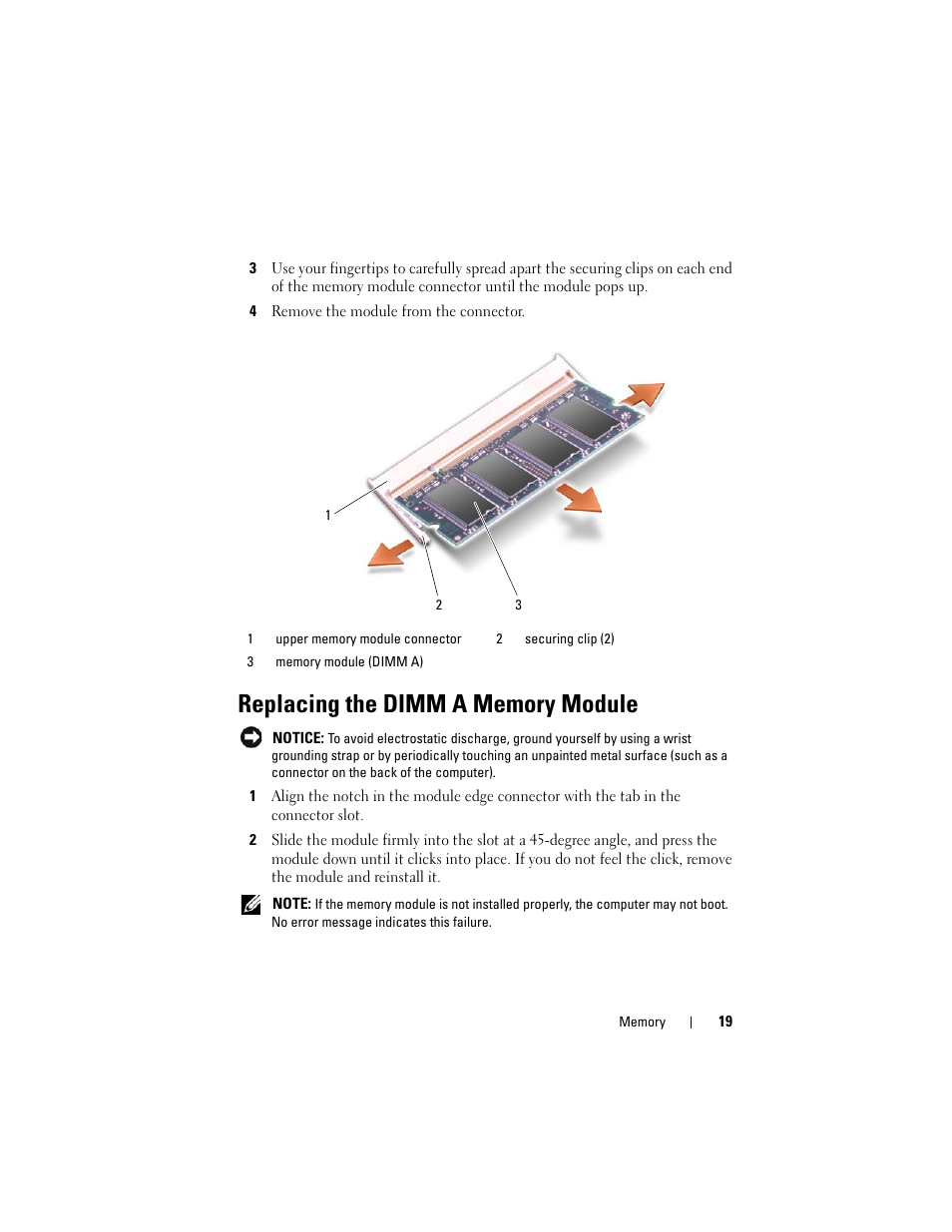 Replacing the dimm a memory module | Dell XPS M1530 (M1530, Late 2007) User Manual | Page 19 / 118