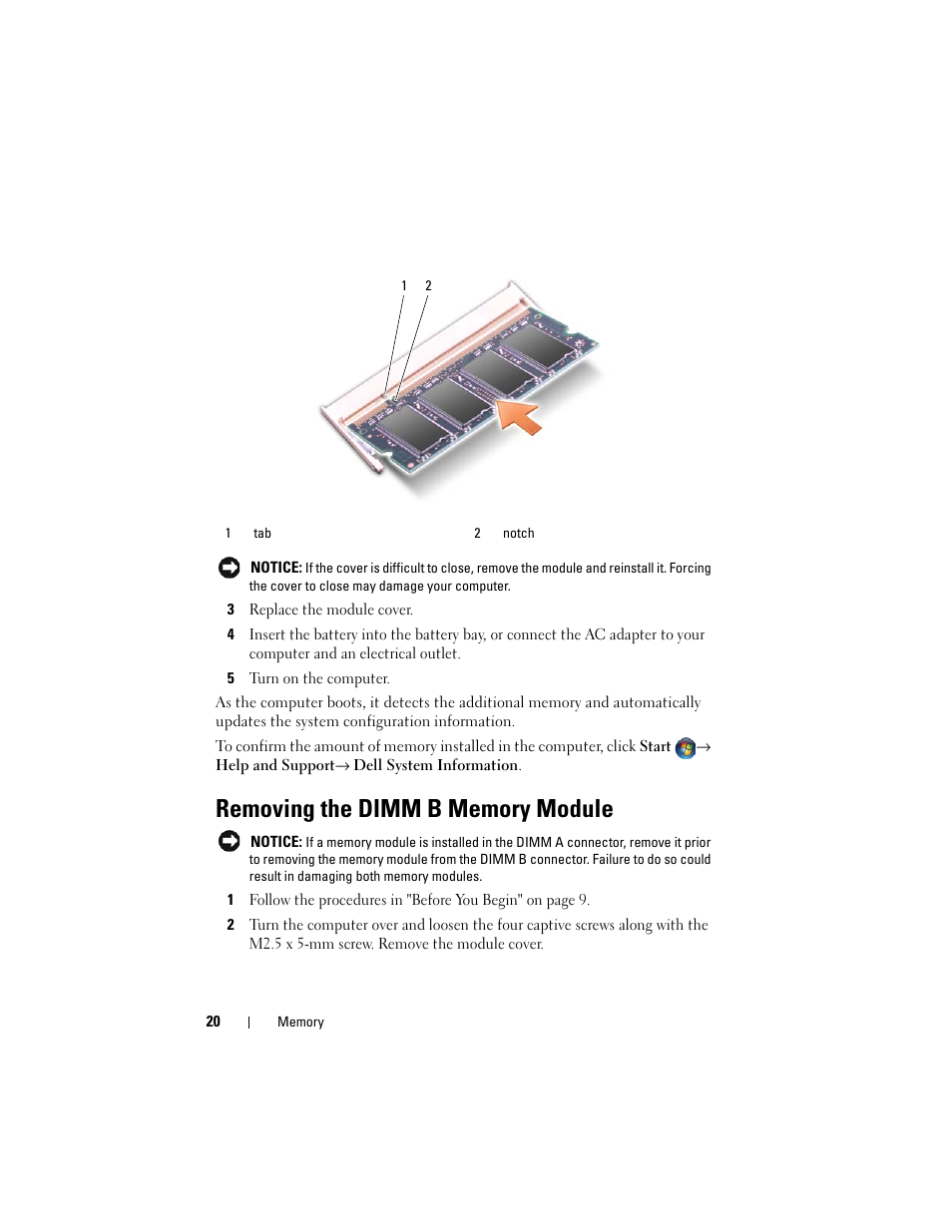 Removing the dimm b memory module | Dell XPS M1530 (M1530, Late 2007) User Manual | Page 20 / 118