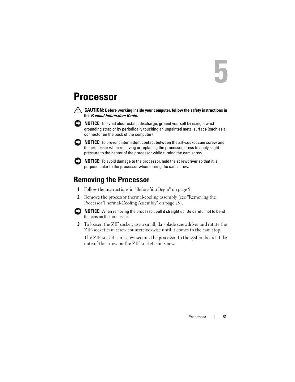 Processor, Removing the processor | Dell XPS M1530 (M1530, Late 2007) User Manual | Page 31 / 118