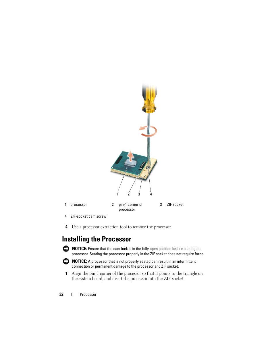 Installing the processor | Dell XPS M1530 (M1530, Late 2007) User Manual | Page 32 / 118