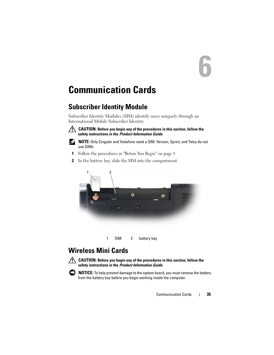 Communication cards, Subscriber identity module, Wireless mini cards | Dell XPS M1530 (M1530, Late 2007) User Manual | Page 35 / 118