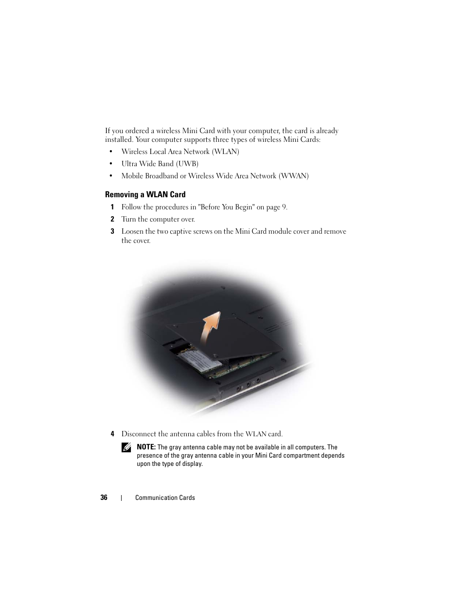 Removing a wlan card | Dell XPS M1530 (M1530, Late 2007) User Manual | Page 36 / 118