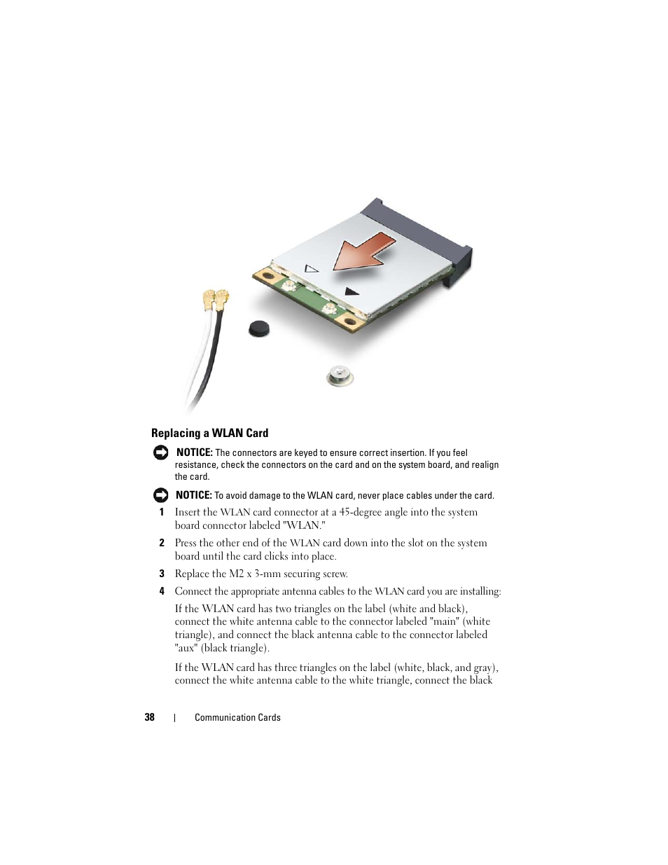 Replacing a wlan card | Dell XPS M1530 (M1530, Late 2007) User Manual | Page 38 / 118