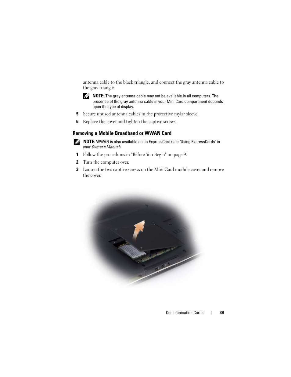 Removing a mobile broadband or wwan card | Dell XPS M1530 (M1530, Late 2007) User Manual | Page 39 / 118