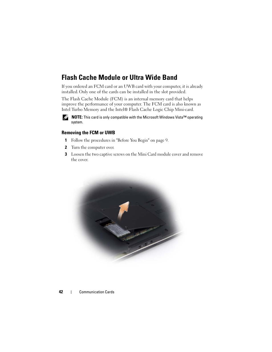 Flash cache module or ultra wide band, Removing the fcm or uwb | Dell XPS M1530 (M1530, Late 2007) User Manual | Page 42 / 118