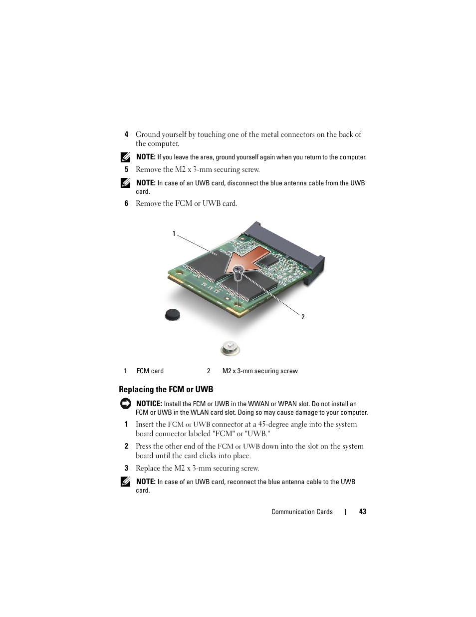 Replacing the fcm or uwb | Dell XPS M1530 (M1530, Late 2007) User Manual | Page 43 / 118