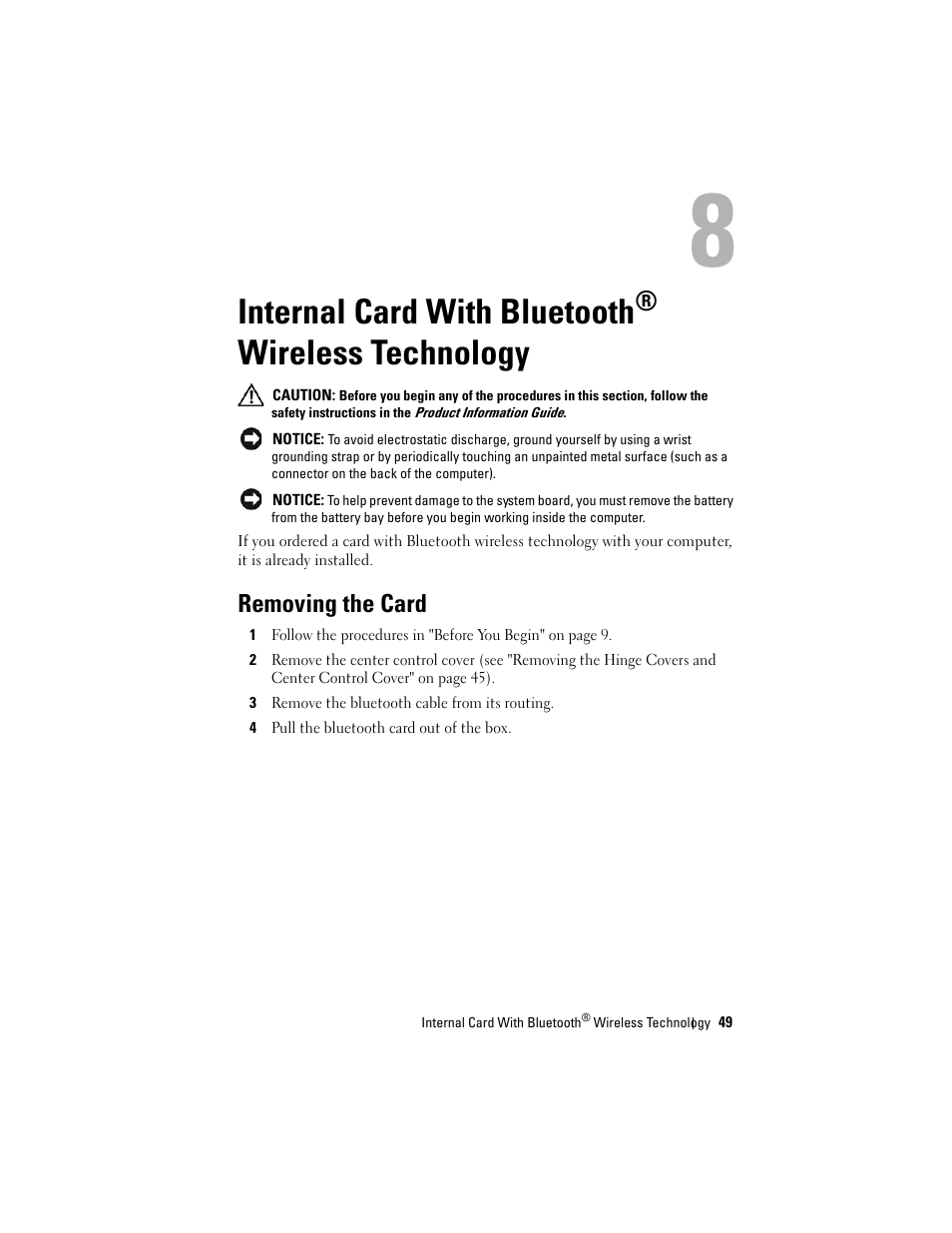 Internal card with bluetooth® wireless technology, Removing the card, Internal card with bluetooth | Wireless technology | Dell XPS M1530 (M1530, Late 2007) User Manual | Page 49 / 118