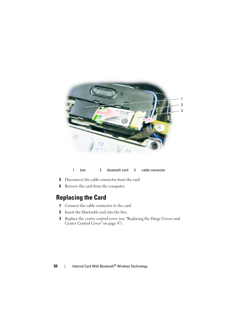 Replacing the card | Dell XPS M1530 (M1530, Late 2007) User Manual | Page 50 / 118