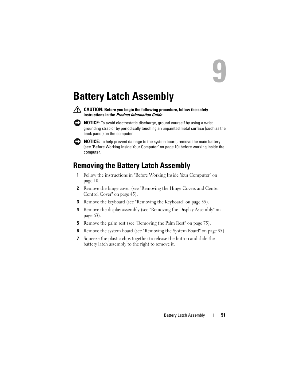 Battery latch assembly, Removing the battery latch assembly | Dell XPS M1530 (M1530, Late 2007) User Manual | Page 51 / 118