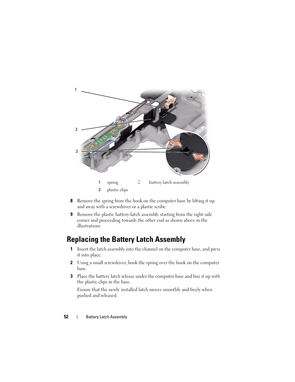 Replacing the battery latch assembly | Dell XPS M1530 (M1530, Late 2007) User Manual | Page 52 / 118