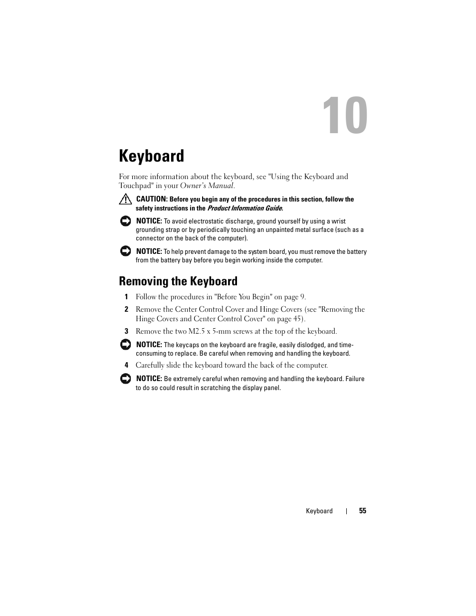 Keyboard, Removing the keyboard | Dell XPS M1530 (M1530, Late 2007) User Manual | Page 55 / 118