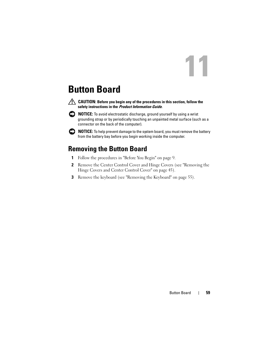 Button board, Removing the button board | Dell XPS M1530 (M1530, Late 2007) User Manual | Page 59 / 118