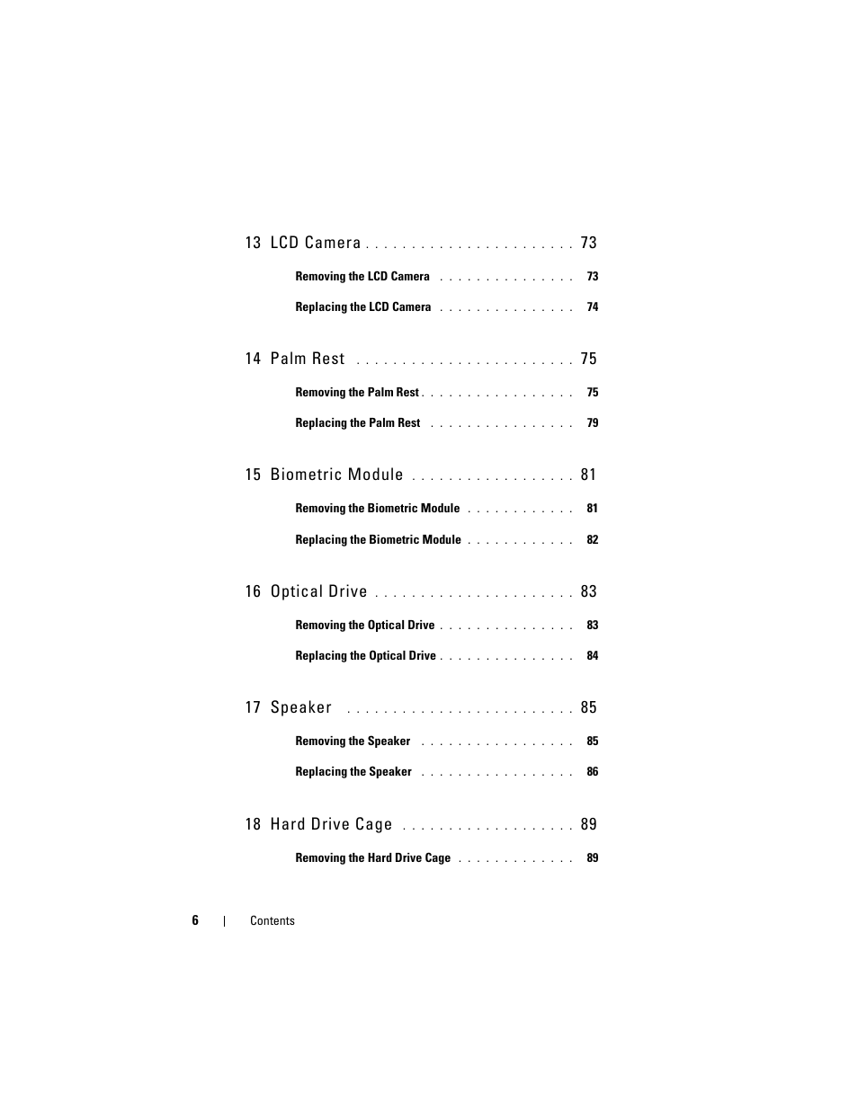 13 lcd camera, 14 palm rest, 15 biometric module | 16 optical drive, 17 speaker, 18 hard drive cage | Dell XPS M1530 (M1530, Late 2007) User Manual | Page 6 / 118