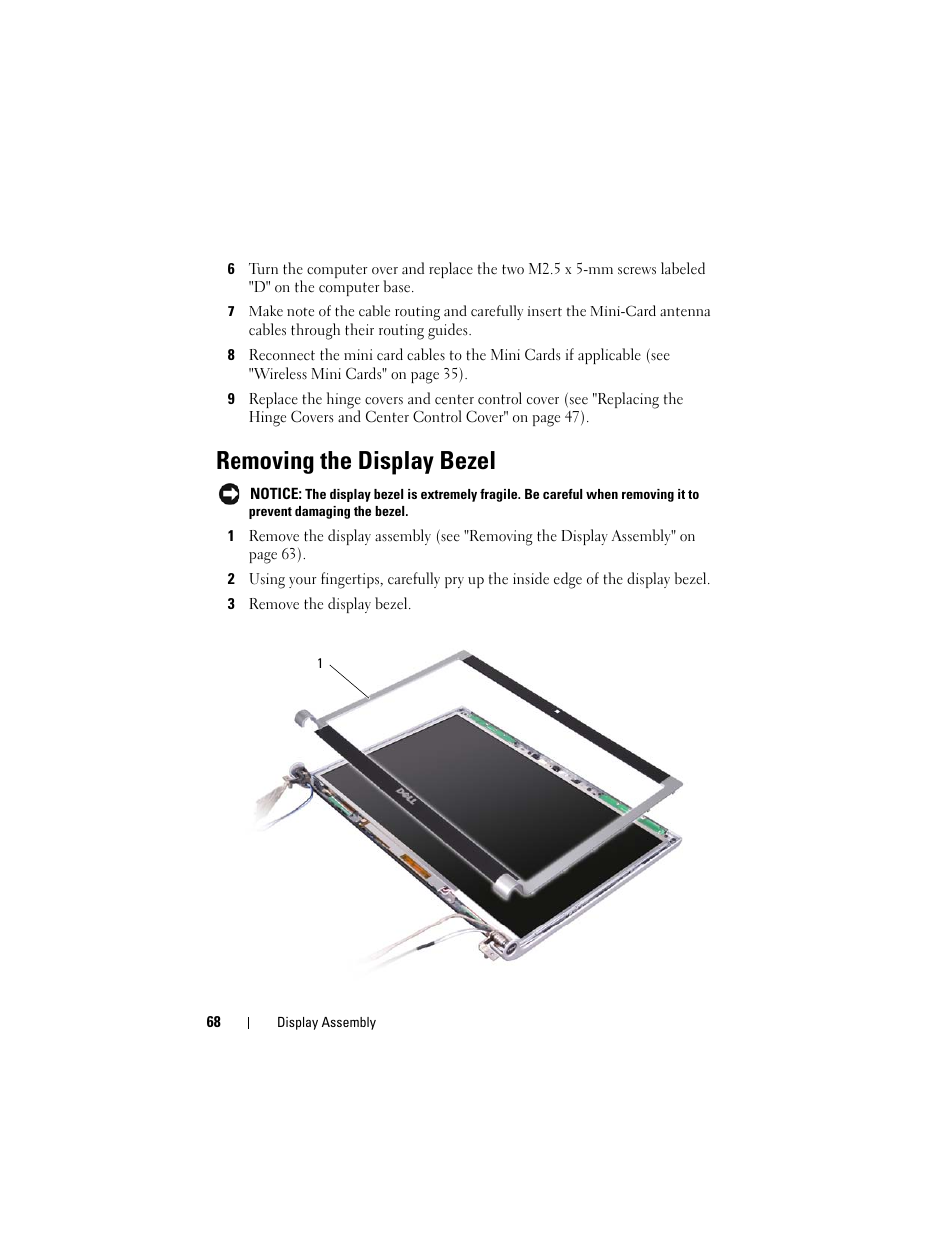 Removing the display bezel | Dell XPS M1530 (M1530, Late 2007) User Manual | Page 68 / 118