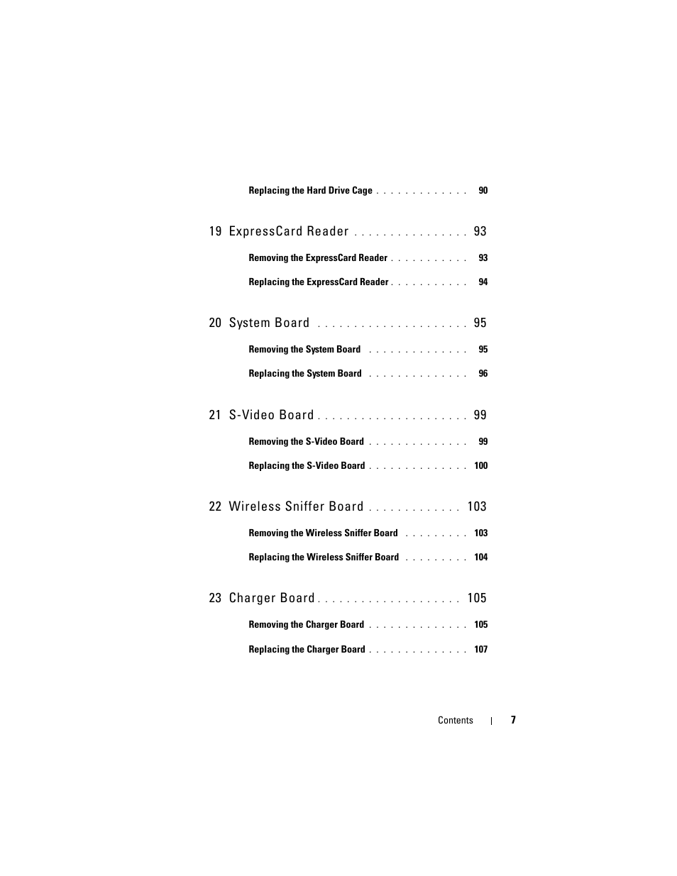 19 expresscard reader, 20 system board, 21 s-video board | 22 wireless sniffer board, 23 charger board | Dell XPS M1530 (M1530, Late 2007) User Manual | Page 7 / 118