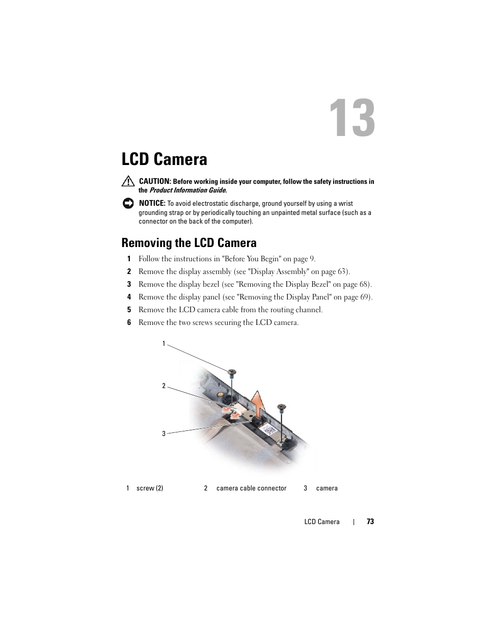 Lcd camera, Removing the lcd camera | Dell XPS M1530 (M1530, Late 2007) User Manual | Page 73 / 118