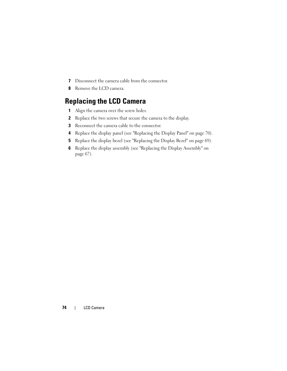 Replacing the lcd camera | Dell XPS M1530 (M1530, Late 2007) User Manual | Page 74 / 118