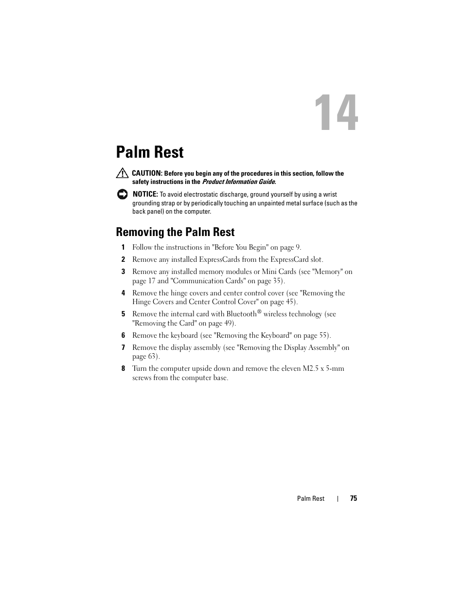 Palm rest, Removing the palm rest | Dell XPS M1530 (M1530, Late 2007) User Manual | Page 75 / 118