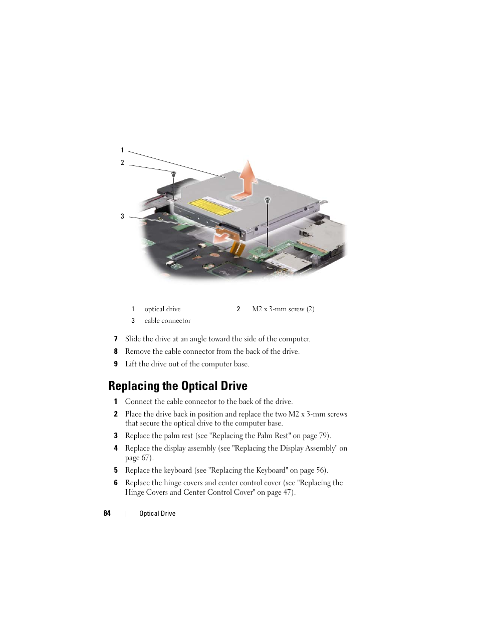 Replacing the optical drive | Dell XPS M1530 (M1530, Late 2007) User Manual | Page 84 / 118