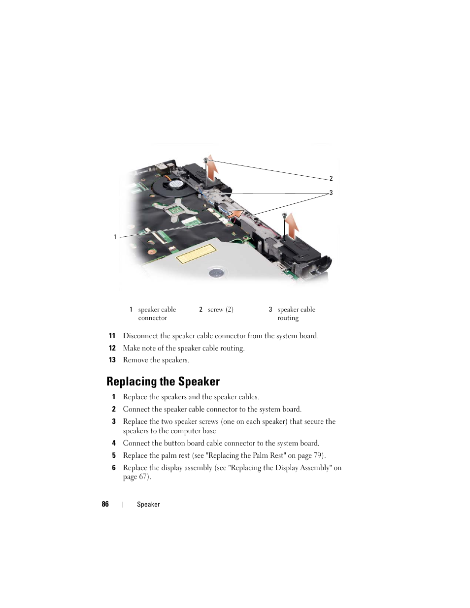 Replacing the speaker | Dell XPS M1530 (M1530, Late 2007) User Manual | Page 86 / 118