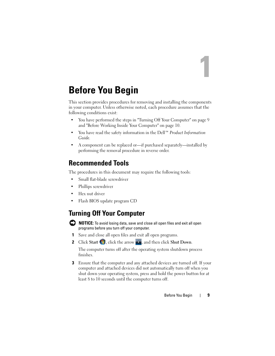 Before you begin, Recommended tools, Turning off your computer | Dell XPS M1530 (M1530, Late 2007) User Manual | Page 9 / 118