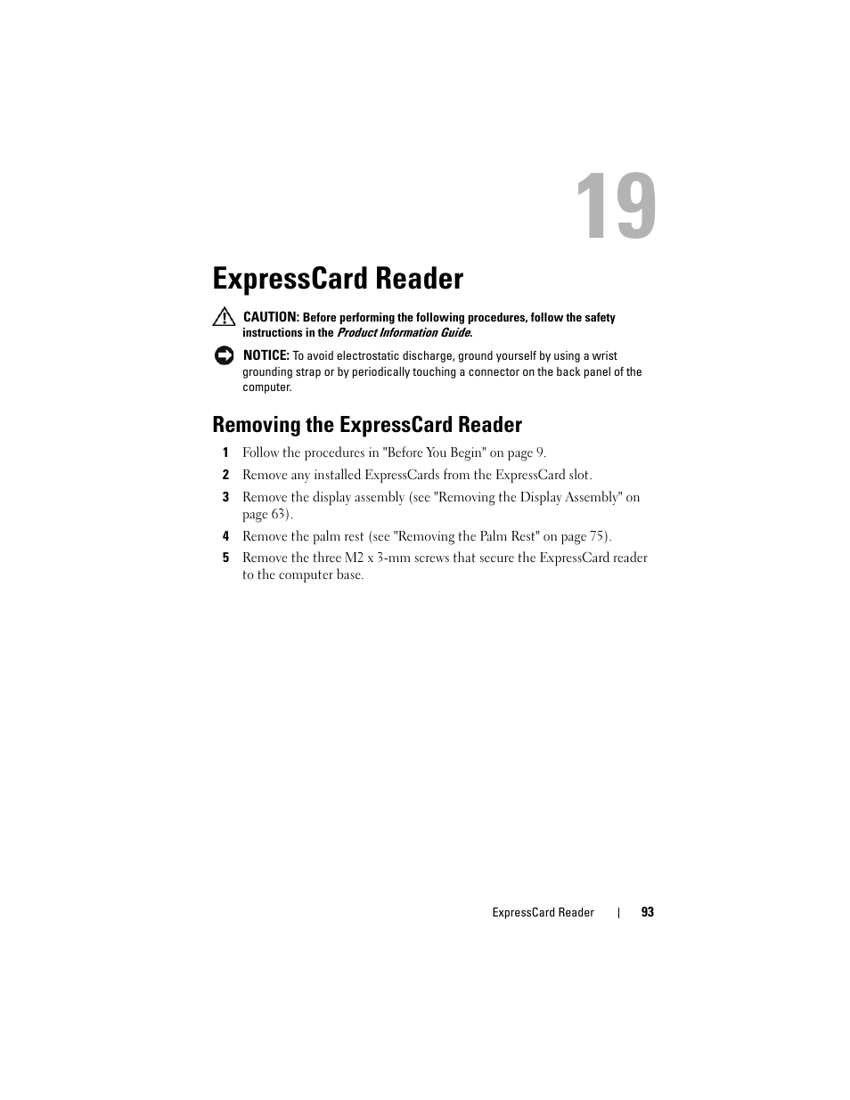 Expresscard reader, Removing the expresscard reader | Dell XPS M1530 (M1530, Late 2007) User Manual | Page 93 / 118