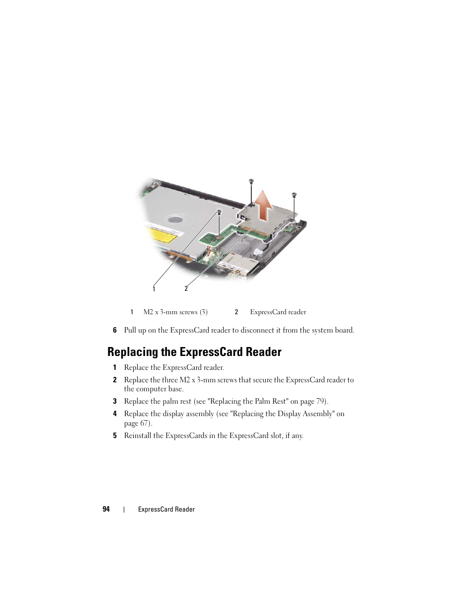 Replacing the expresscard reader | Dell XPS M1530 (M1530, Late 2007) User Manual | Page 94 / 118