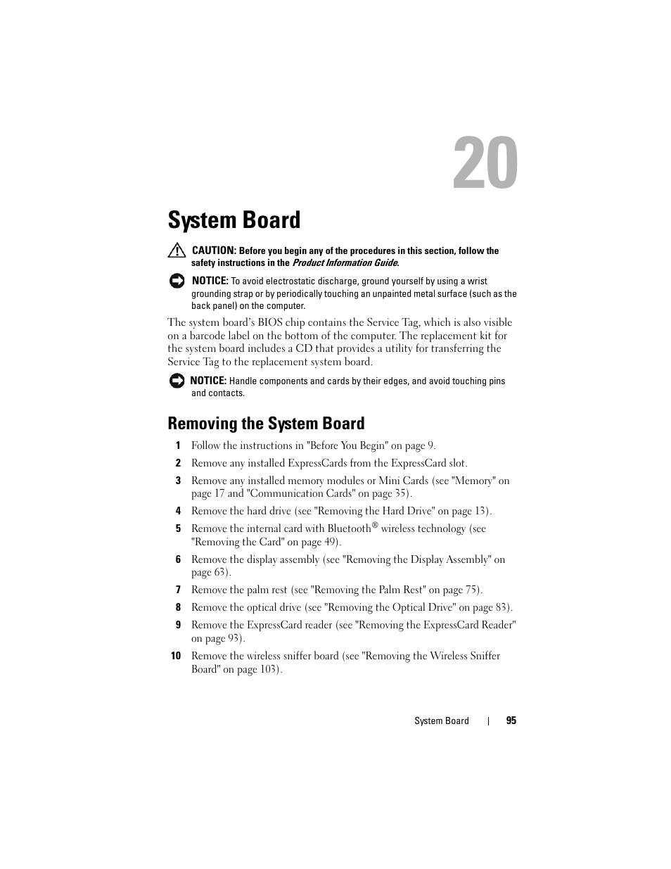 System board, Removing the system board | Dell XPS M1530 (M1530, Late 2007) User Manual | Page 95 / 118