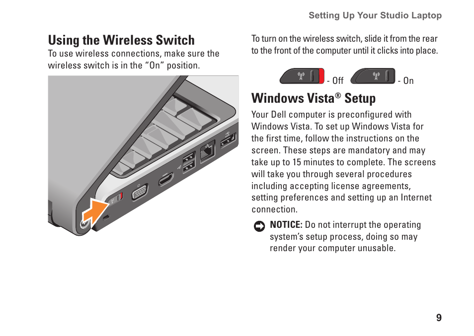 Using the wireless switch, Windows vista® setup, Using the wireless switch windows vista | Setup, Windows vista | Dell Studio 1737 (Late  2008) User Manual | Page 11 / 84