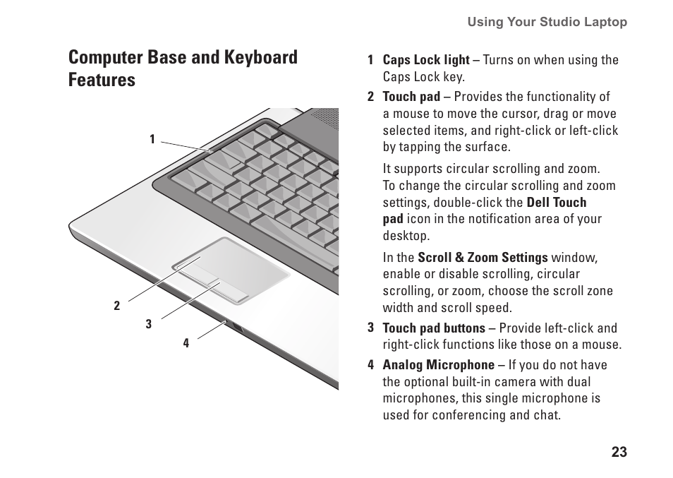 Computer base and keyboard features, Computer base and keyboard, Features | Dell Studio 1737 (Late  2008) User Manual | Page 25 / 84