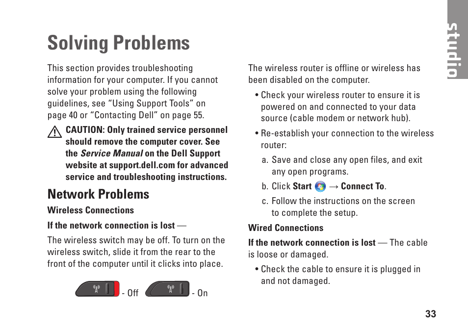 Solving problems, Network problems | Dell Studio 1737 (Late  2008) User Manual | Page 35 / 84