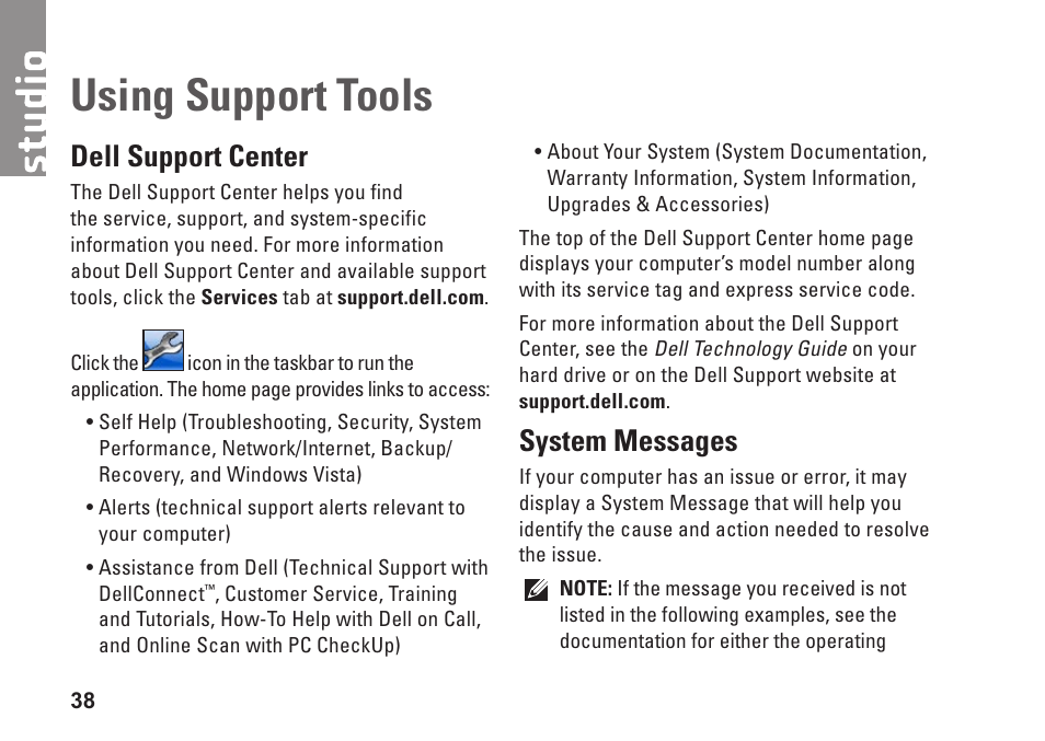 Using support tools, Dell support center, System messages | Dell support center system messages | Dell Studio 1737 (Late  2008) User Manual | Page 40 / 84