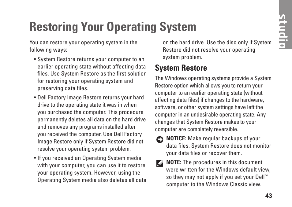 Restoring your operating system, System restore | Dell Studio 1737 (Late  2008) User Manual | Page 45 / 84