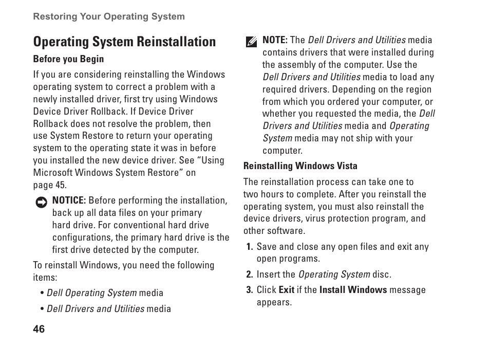 Operating system reinstallation | Dell Studio 1737 (Late  2008) User Manual | Page 48 / 84