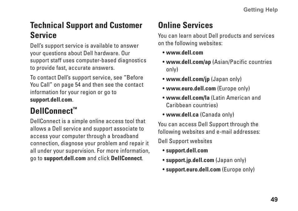 Technical support and customer service, Dellconnect, Online services | Technical support and customer, Service dellconnect | Dell Studio 1737 (Late  2008) User Manual | Page 51 / 84