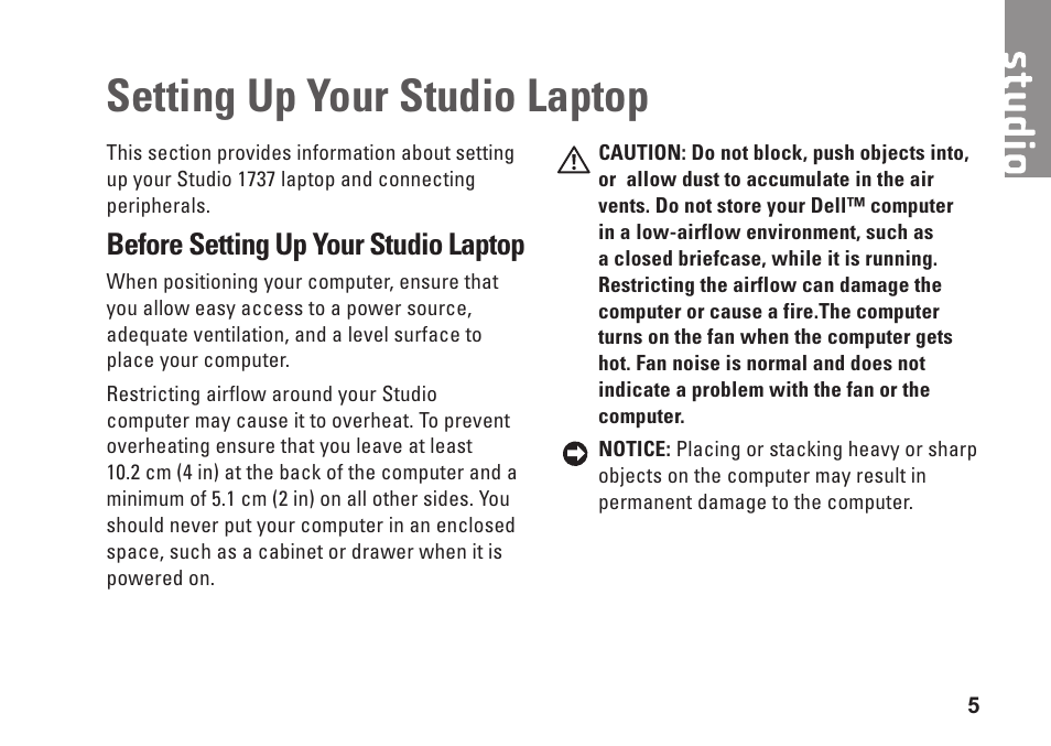 Setting up your studio laptop, Before setting up your studio laptop | Dell Studio 1737 (Late  2008) User Manual | Page 7 / 84